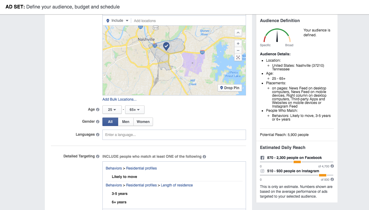 Facebook allows you to target ads based on ZIP code, whether a person is likely to move, how long they've been in their current residence, and more.